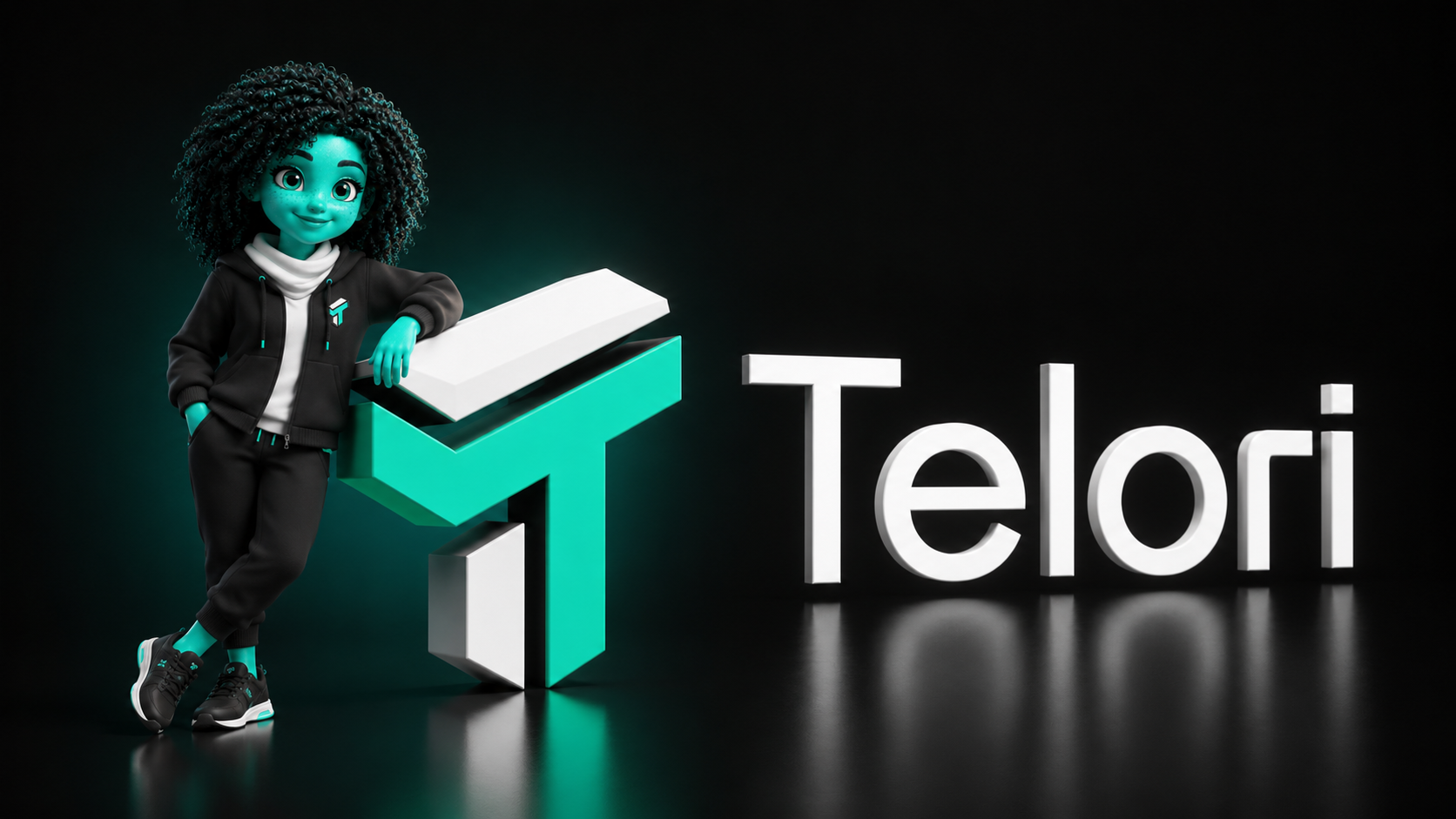 Telori character leaning against a glowing teal Telori logo next to the Telori wordmark in a dark studio